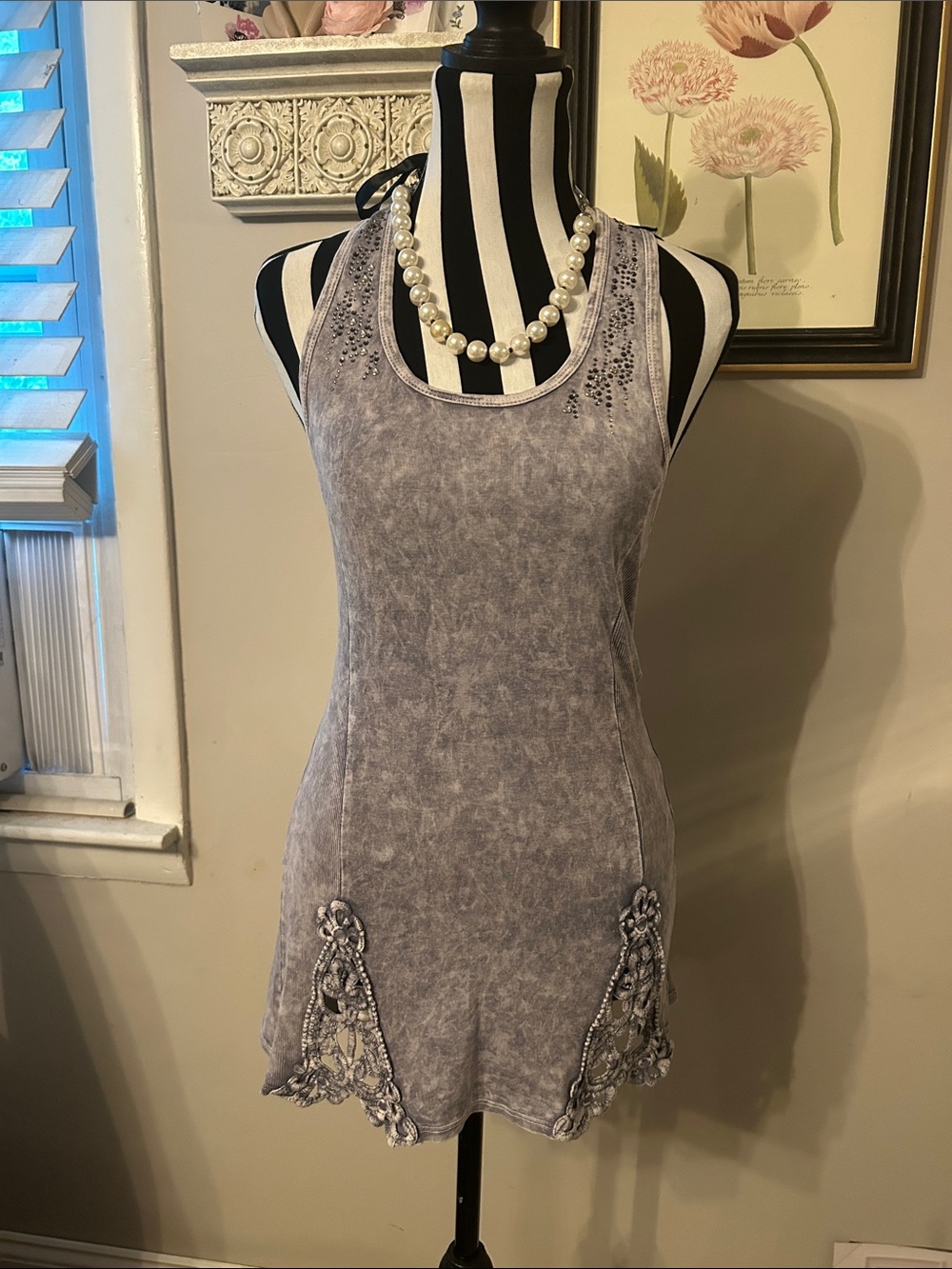 Y2K T Party Sleeveless Embellished Mineral Wash Dress in Light Lavender Gray